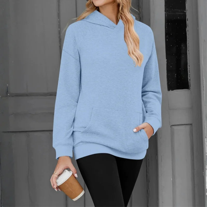 Polerón Mujer Capucha Manga Caída Color Sólido Bolsillos