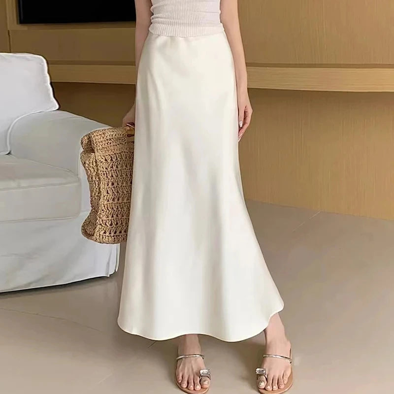 Satin Long Skirt - High Waist Draped Midi