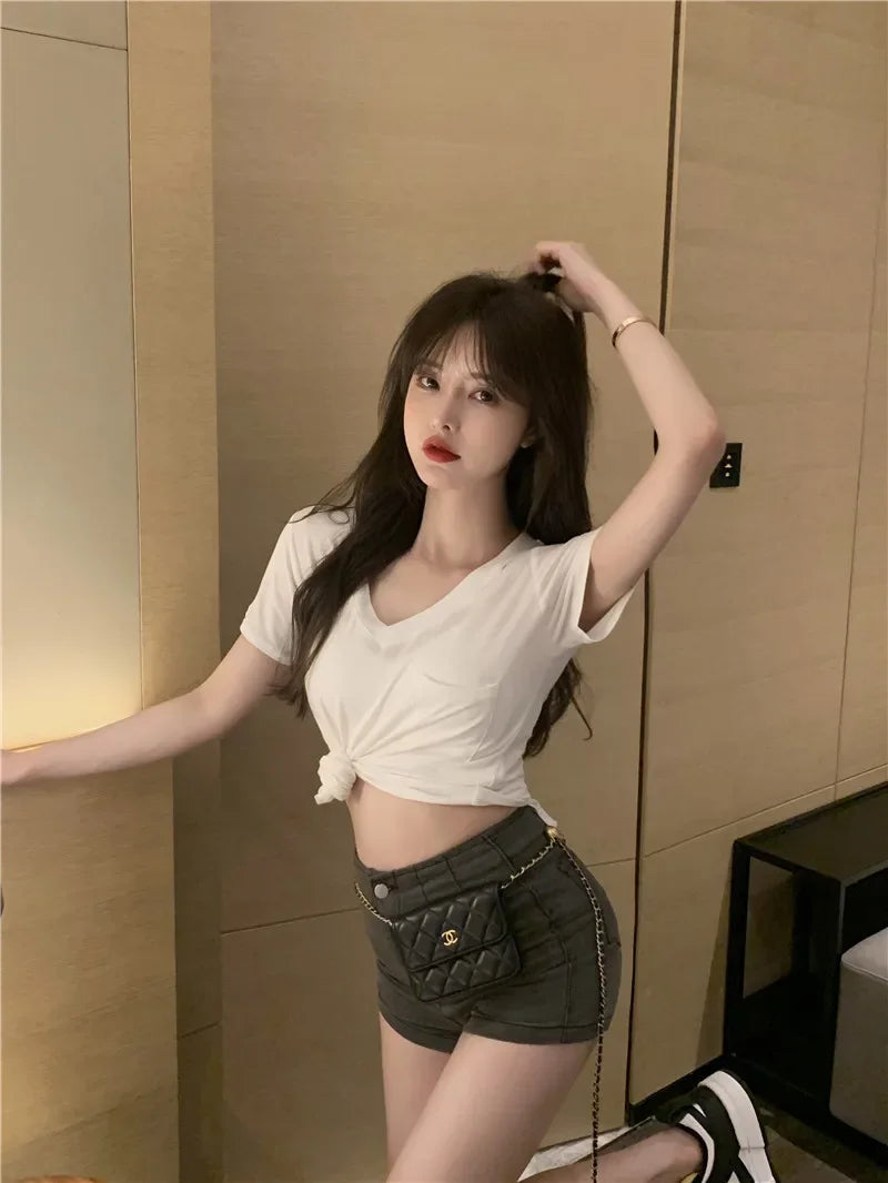 V-Neck T-Shirt - Irregular Hem Short Sleeve