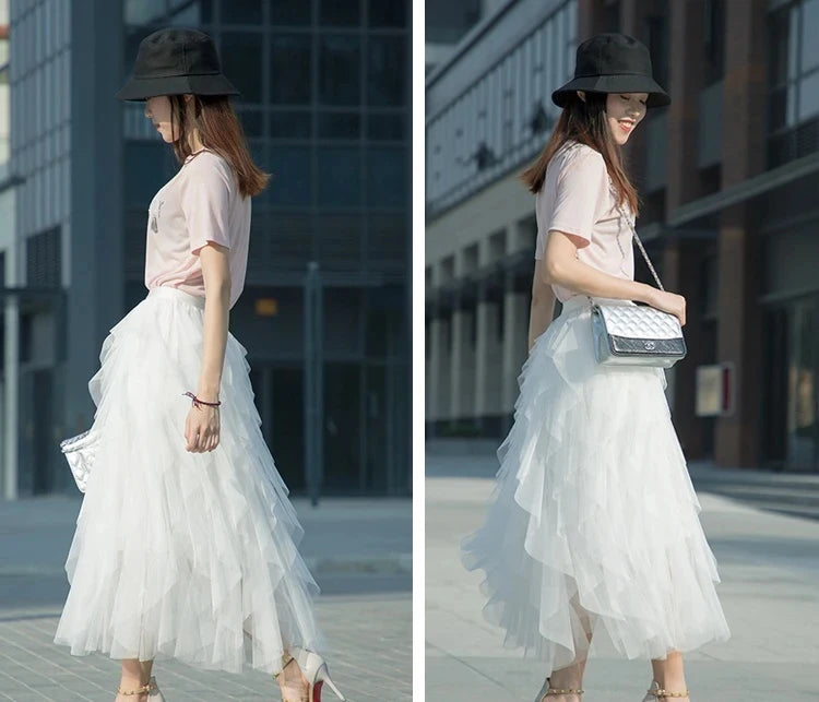 Tutu Tulle Long Maxi Skirt Women Fashion Korean Cute Pink High Waist Pleated Skirt Mesh Female Lady Aesthetic Faldas