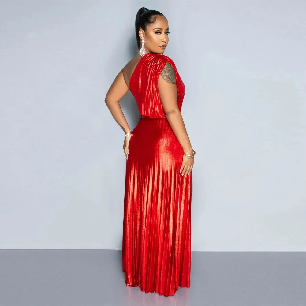 Vestido Largo Plisado Metálico Un Hombro Sin Mangas Brillante
