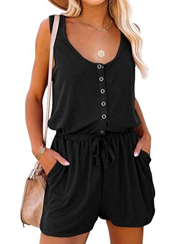 Button Up Jumpsuit - Sleeveless Elastic Waist Shorts