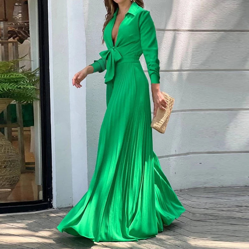 Vestido Largo Boho Floral Escote V Manga Larga Línea A Mujer