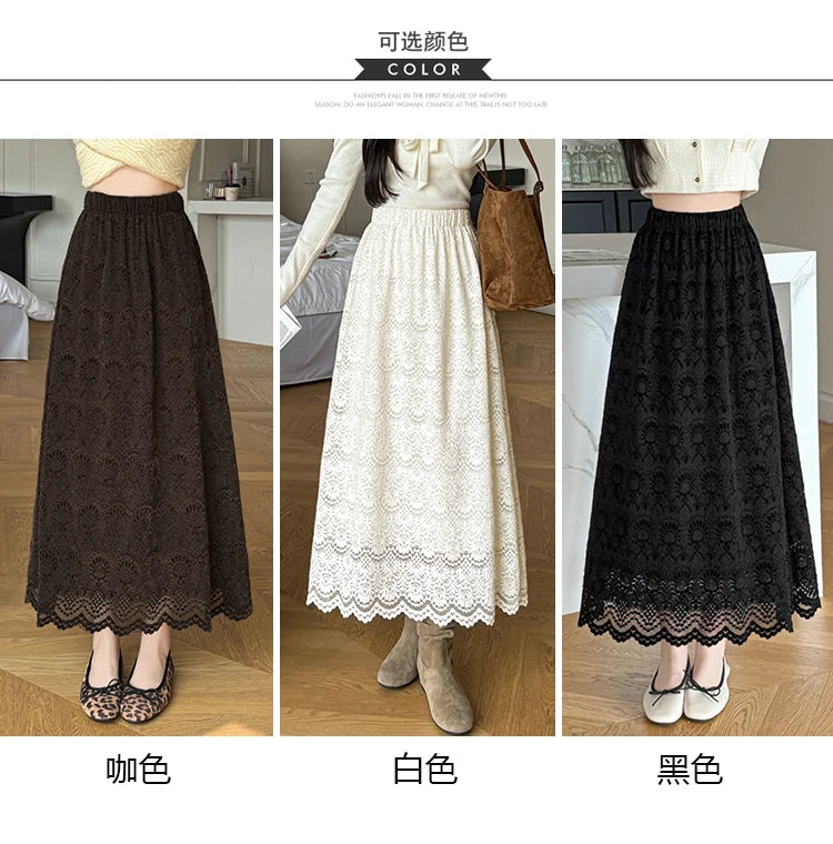 Retro Mid-length Lace Fleece Skirt Women Korean Fashion Fall Winter High-waisted Skirt Female Chic All Match Faldas 2025