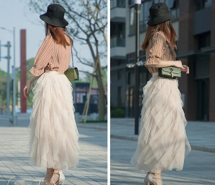 Tutu Tulle Long Maxi Skirt Women Fashion Korean Cute Pink High Waist Pleated Skirt Mesh Female Lady Aesthetic Faldas