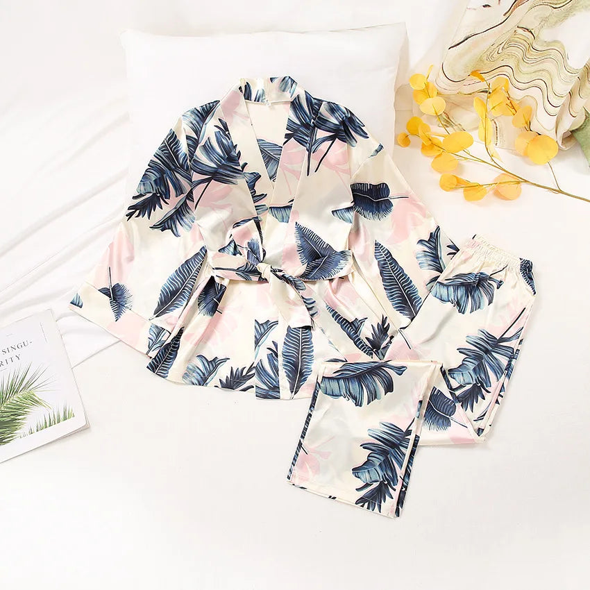 Pijama Dos Piezas Satinado con Cinturón Mujer Estilo Elegante