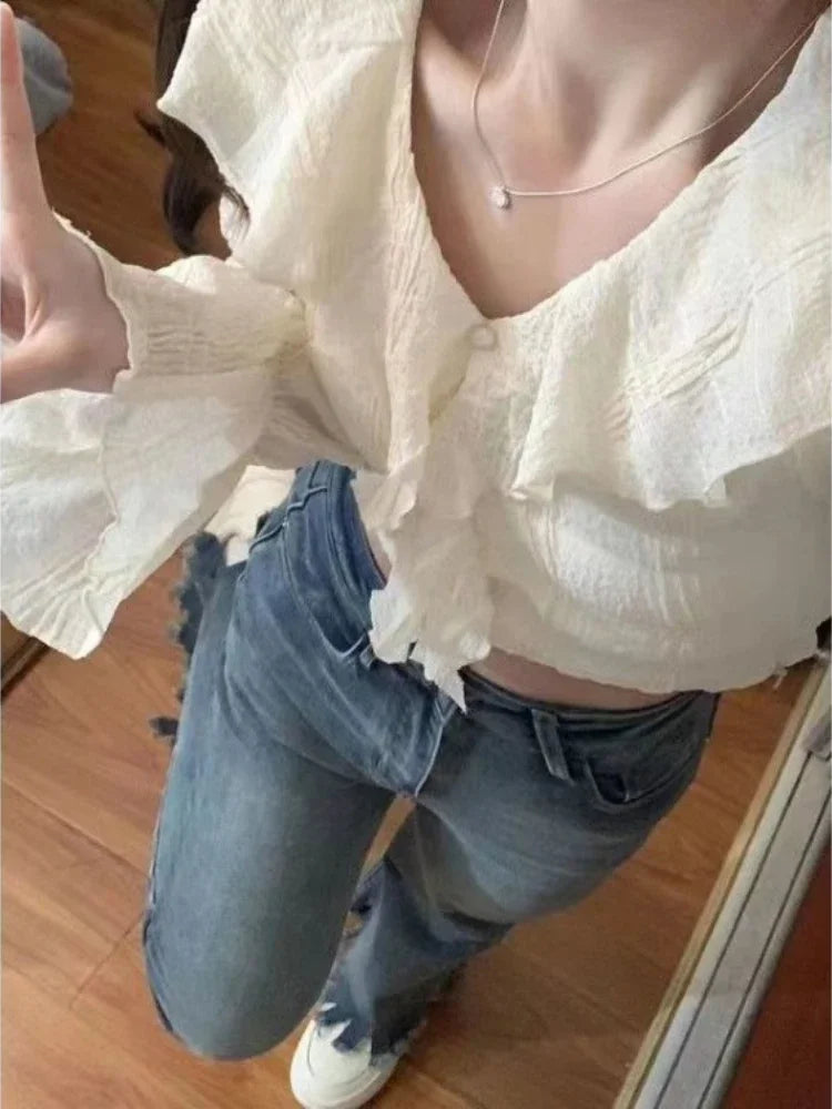 Blusa Coreana Crop Top Volantes Manga Larga Cuello V