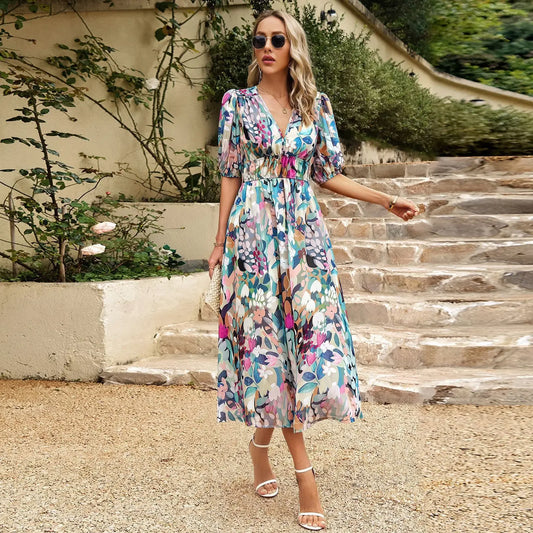 Diyun Design Summer Cross-Border Dress Deep V-Neck Floral Print Long Dress Elegant Waist-Cinching Lantern Sleeve Ankle-Length