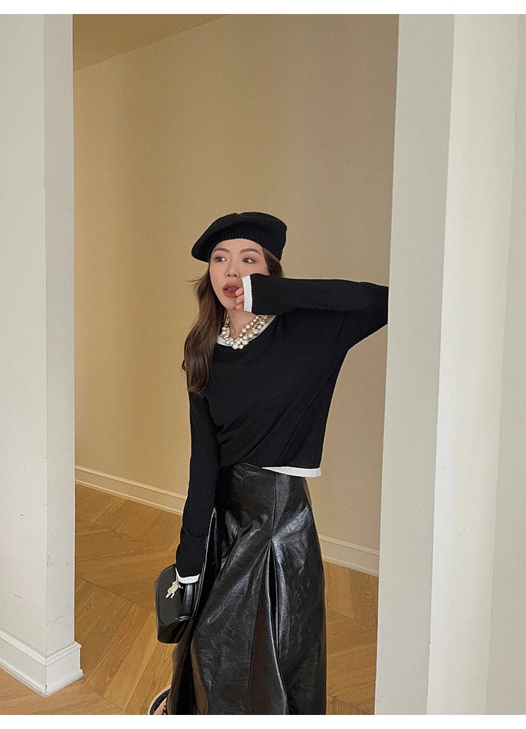 PU Leather Maxi Skirt - High Waist Pleated Black