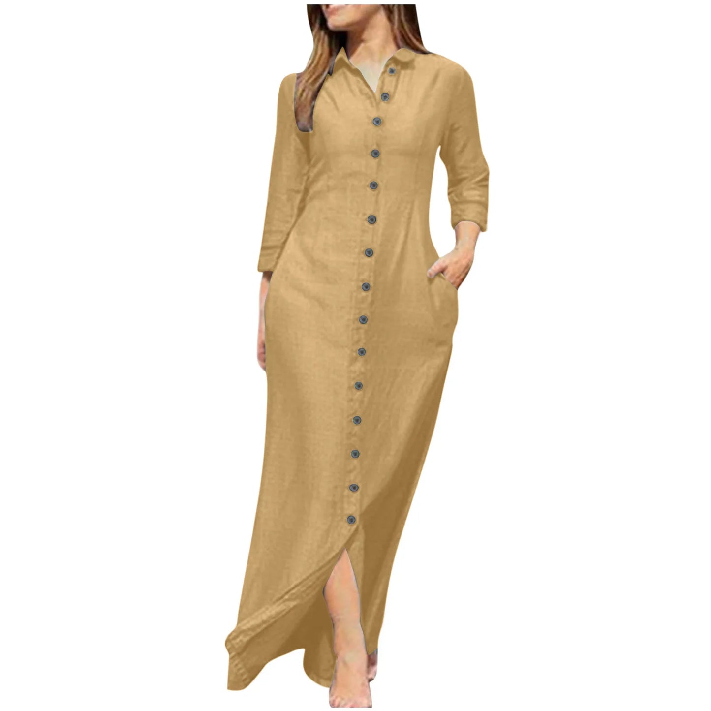 Shirt Dress - Cotton Linen Button Long Sleeve