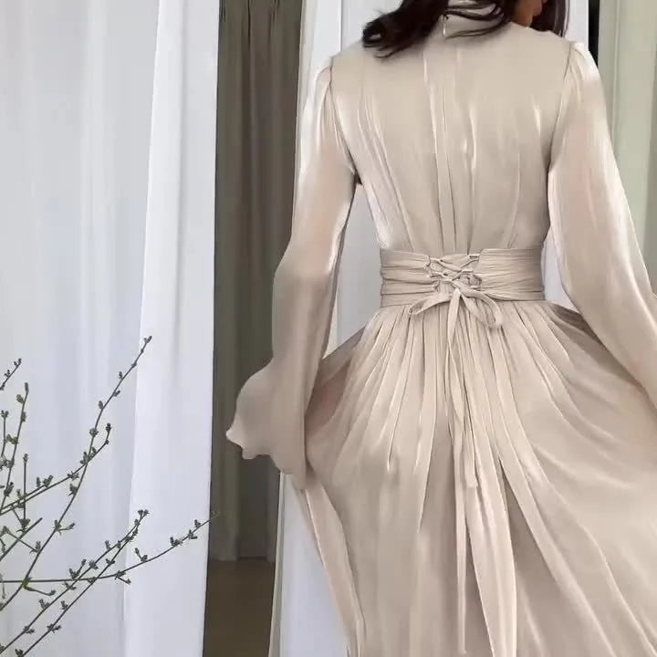 Vestido Largo Jalabiya Mujer Plisado con Cordón Elegante