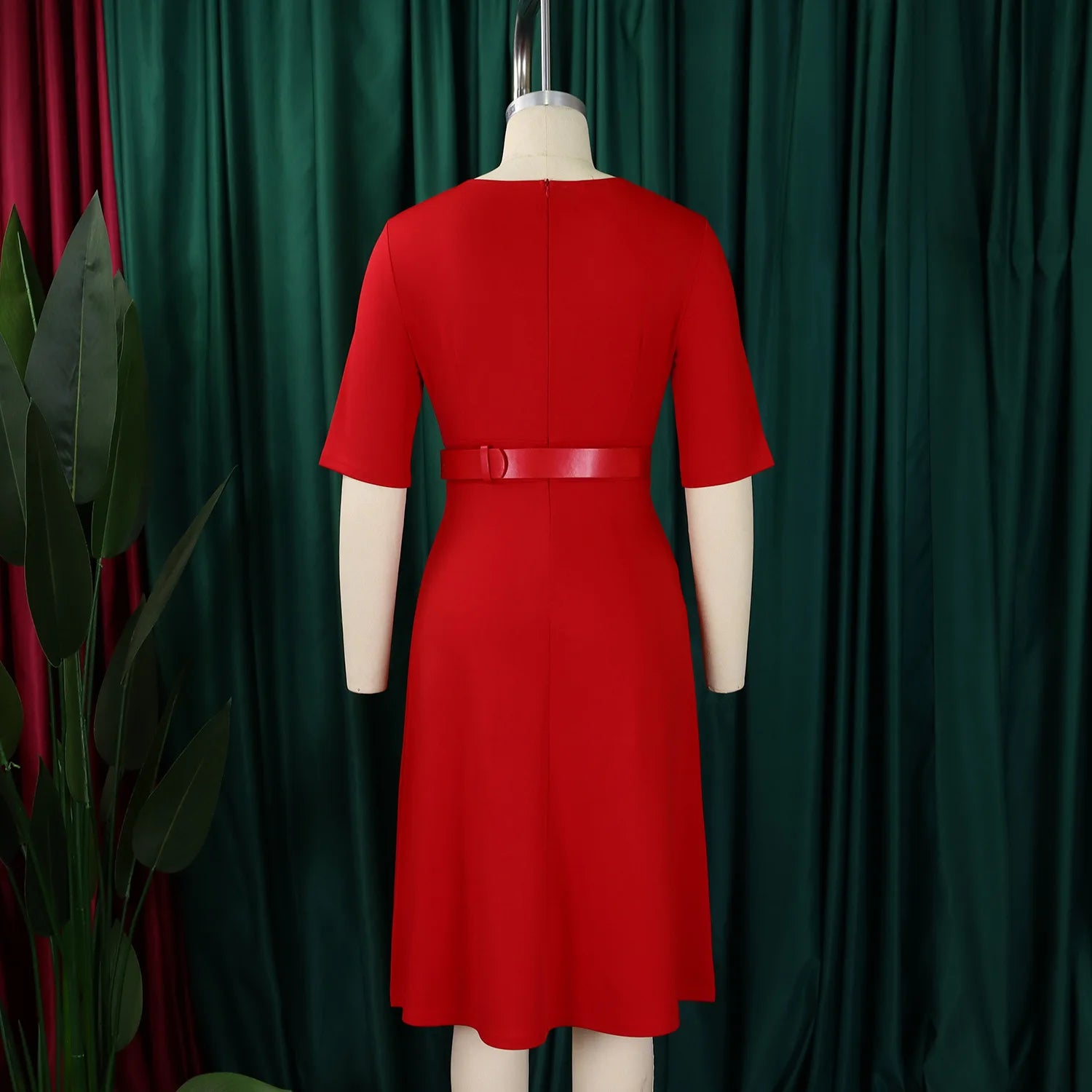 Vestido de Oficina Plisado Escote V Cintura Alta Cinturón Elegante