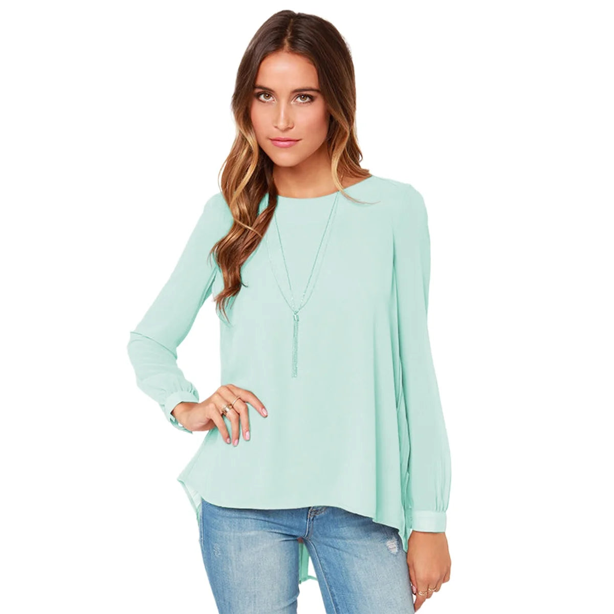 Blusa Chifón Cuello V Manga Larga Elegante Oficina