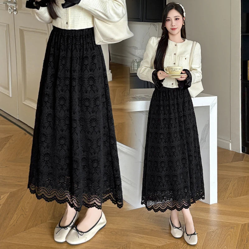 Retro Mid-length Lace Fleece Skirt Women Korean Fashion Fall Winter High-waisted Skirt Female Chic All Match Faldas 2025