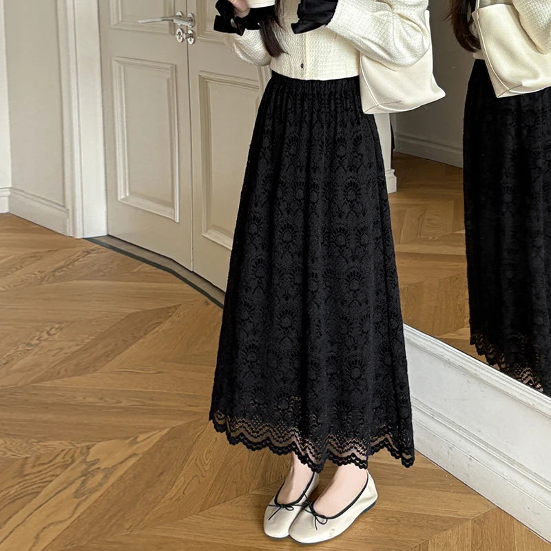 Retro Mid-length Lace Fleece Skirt Women Korean Fashion Fall Winter High-waisted Skirt Female Chic All Match Faldas 2025