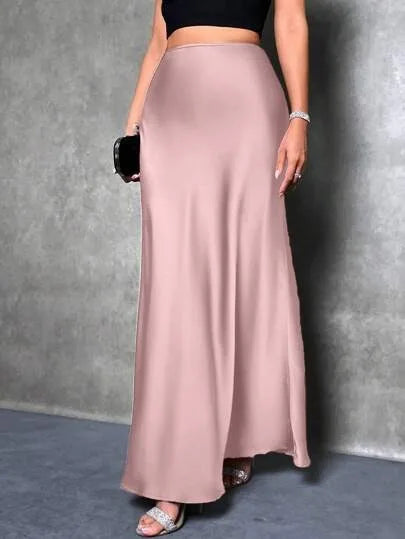 Satin Maxi Skirt - High Waist A-Line Champagne