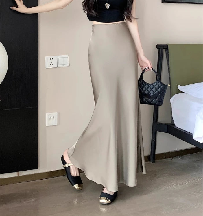 Satin Midi Skirt - High Waist Silk Champagne