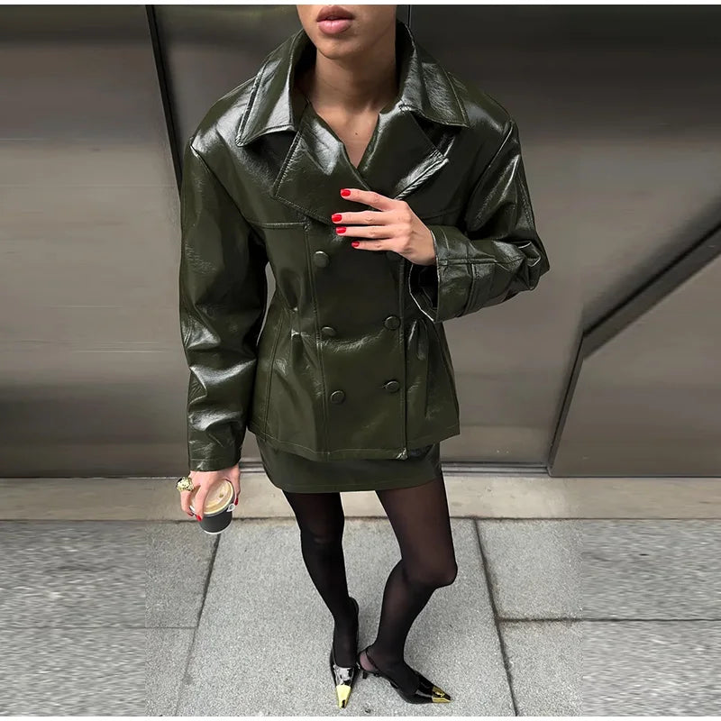 Two Piece Set - Leather Jacket & Mini Skirt