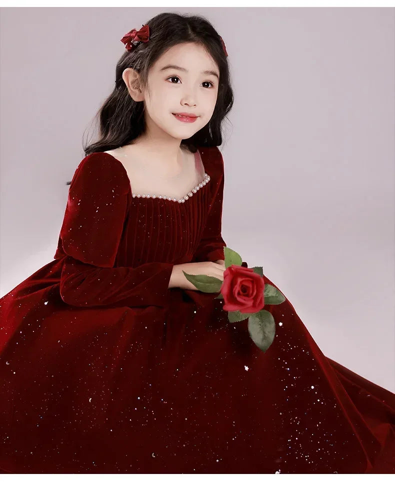 Vestido Fiesta Niña Lentejuelas Rojo Vino Manga Puff