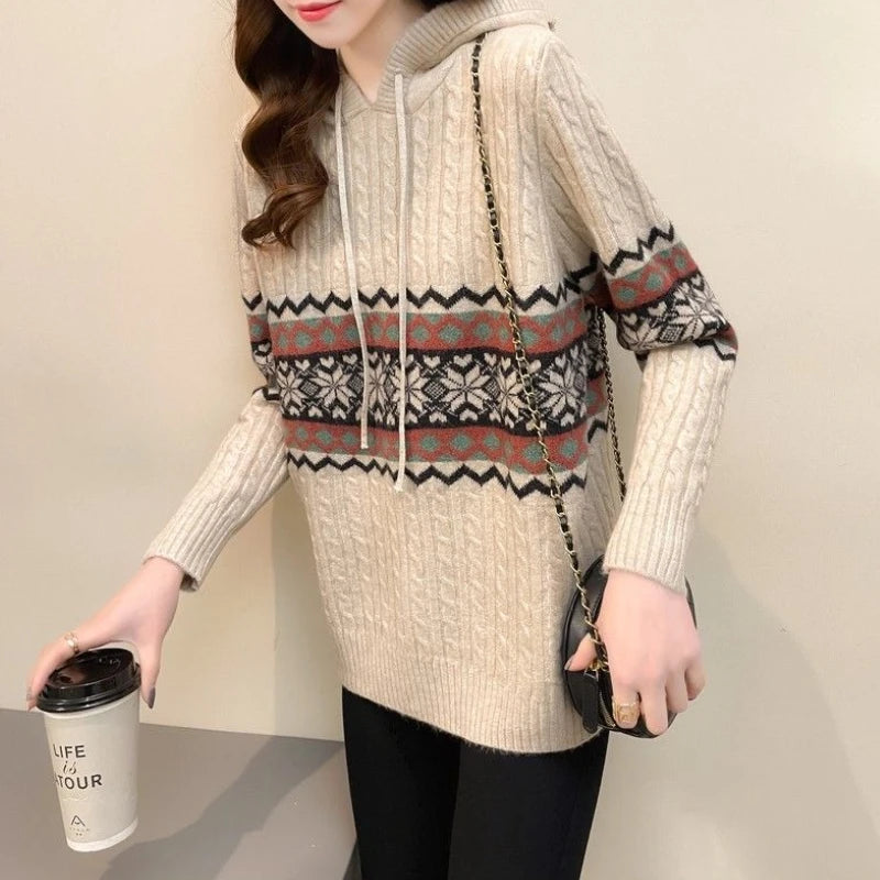 Polerón con Capucha Mujer Suelto Cordón Patchwork Estilo Étnico