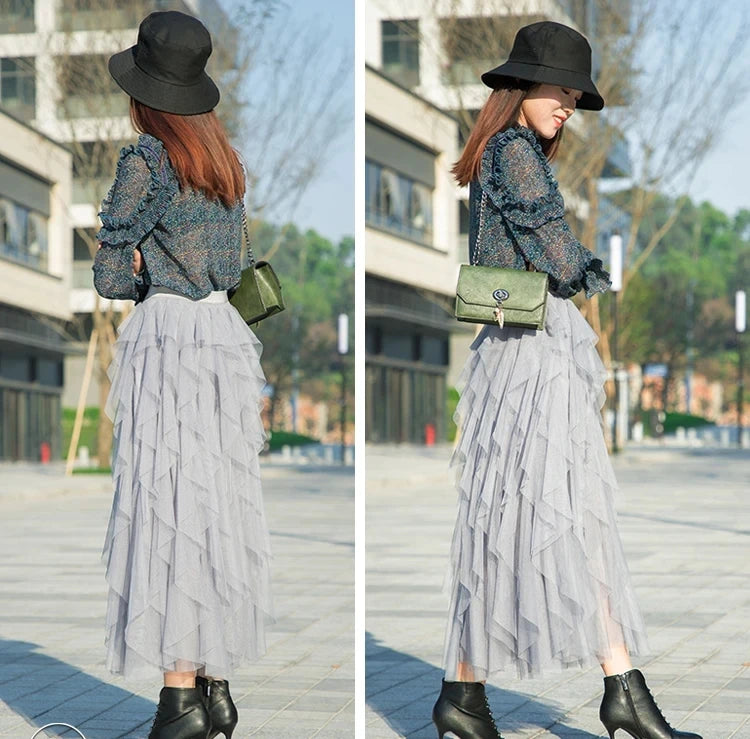 Tulle Maxi Skirt - High Waist Pleated Pink