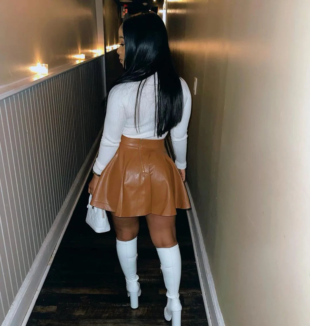 Minifalda Cuero Acampanada - Cintura Media Vuelo Casual