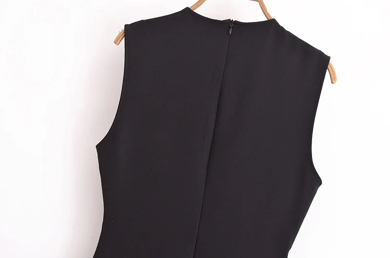 Office Midi Dress - Belt Button Sleeveless Black