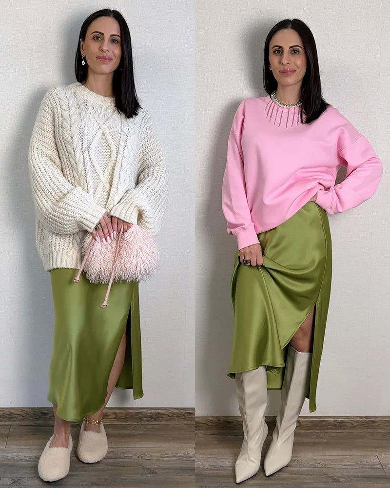 Satin Midi Skirt - A-Line Side Slit