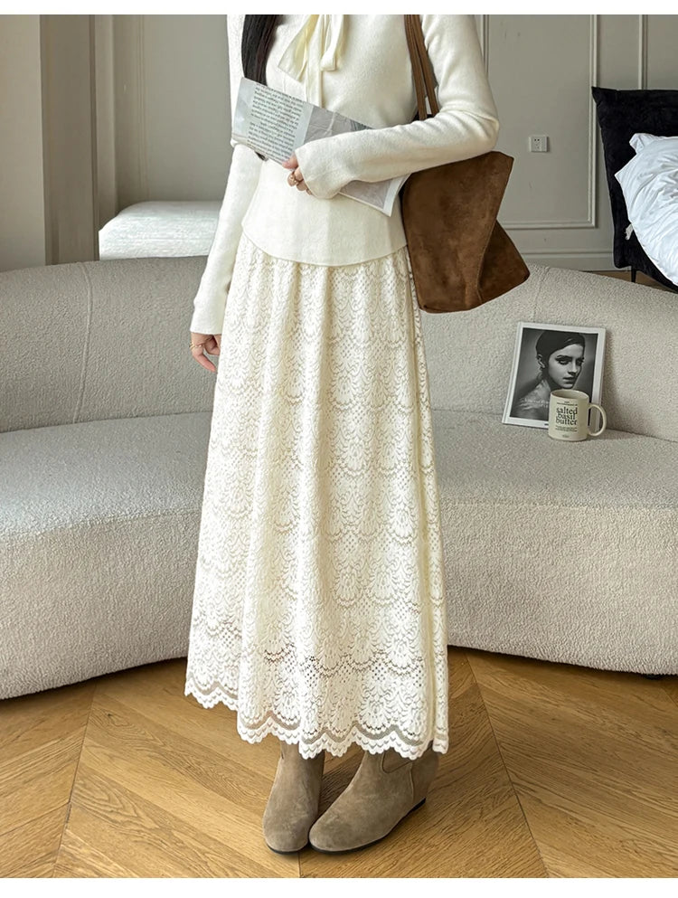 Retro Mid-length Lace Fleece Skirt Women Korean Fashion Fall Winter High-waisted Skirt Female Chic All Match Faldas 2025