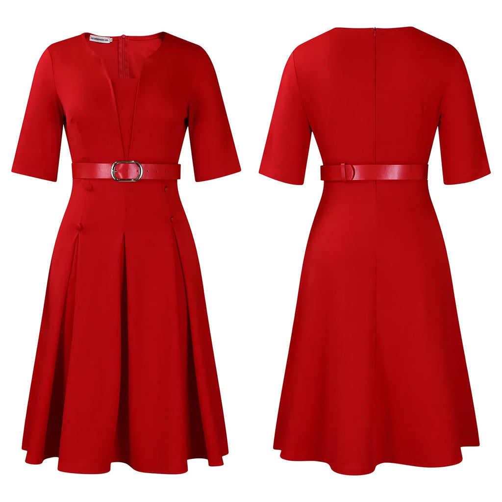 Vestido de Oficina Plisado Escote V Cintura Alta Cinturón Elegante