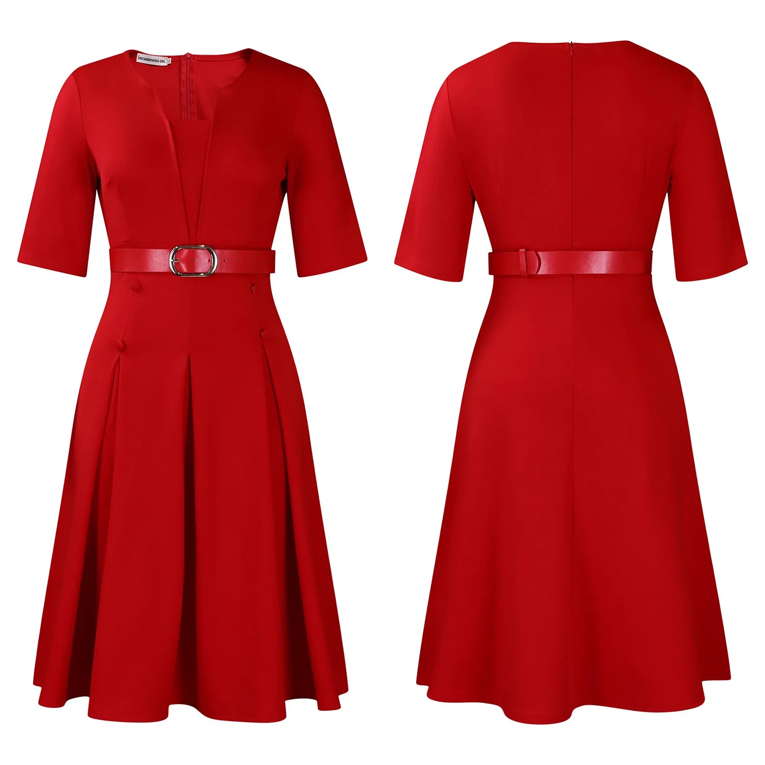 Vestido de Oficina Plisado Escote V Cintura Alta Cinturón Elegante