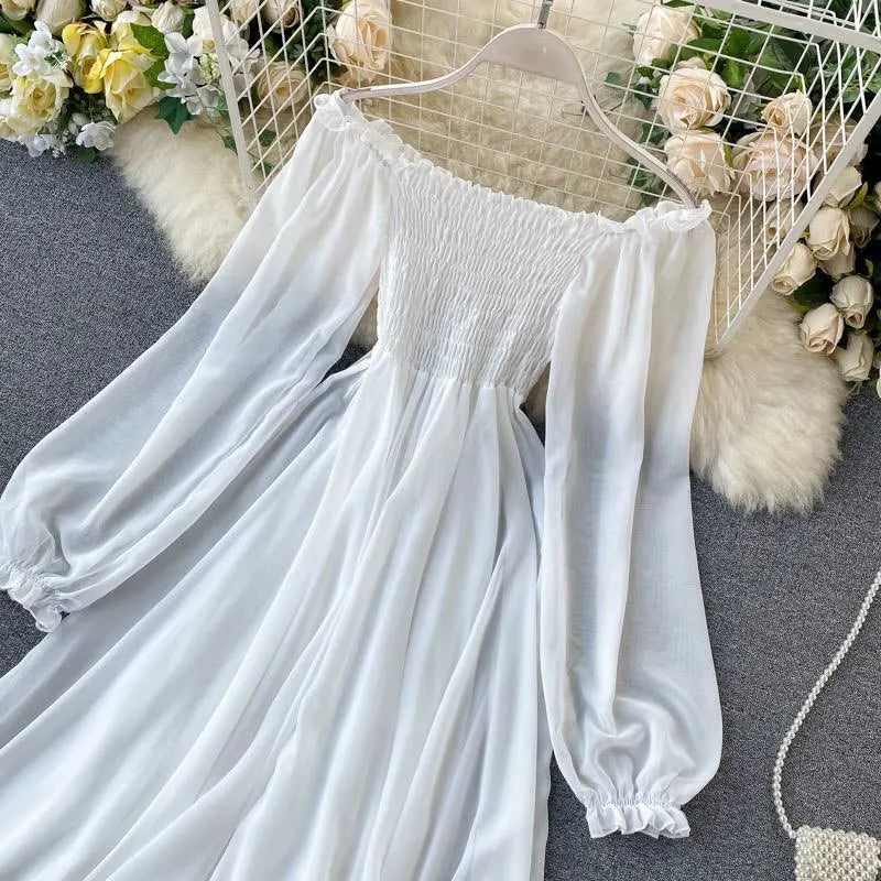 Vestido Blanco Chifón Sublime Volantes Hombros Descubiertos Elegante