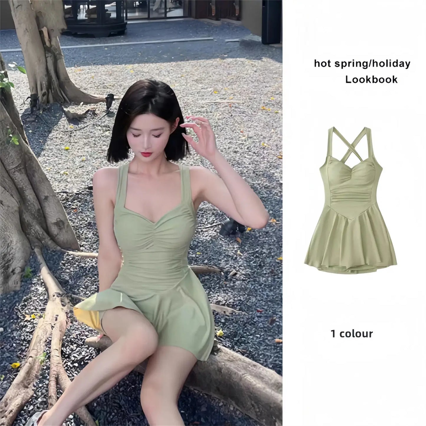 Swim Dress - One Piece Conservative Waist Gathering