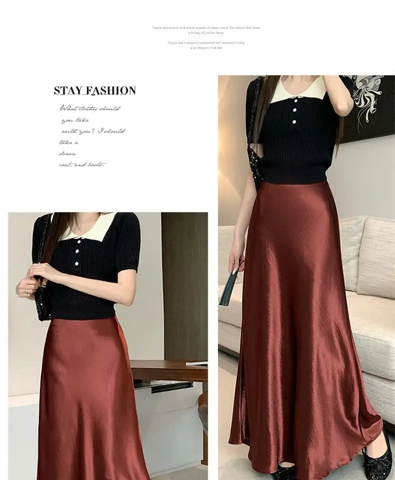 Pink Satin Midi Skirt - High Waist Fishtail Wrap