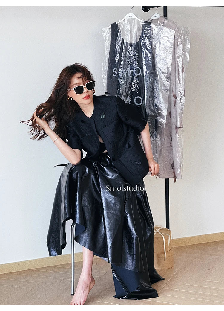 PU Leather Maxi Skirt - High Waist Pleated Black