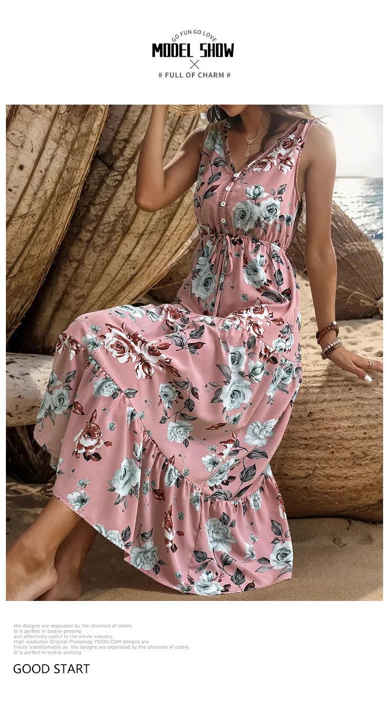 Vestido Largo Casual Floral Escote V Sin Mangas Mujer