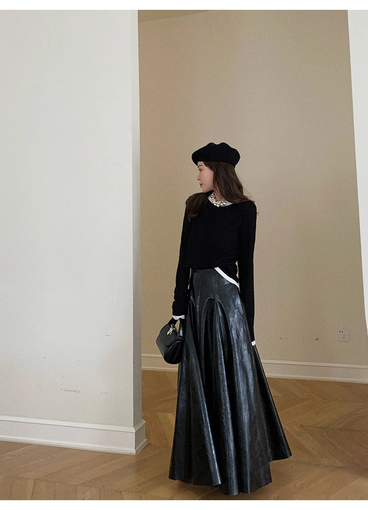 PU Leather Maxi Skirt - High Waist Pleated Black