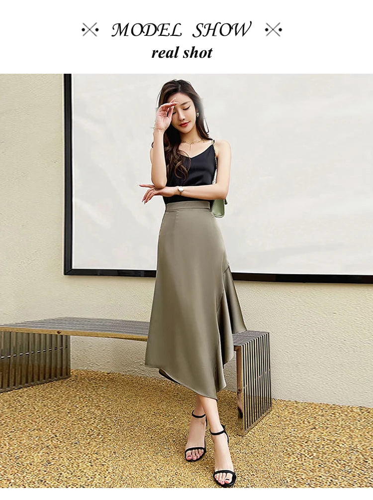 Satin Mermaid Long Skirt - High Waist Irregular