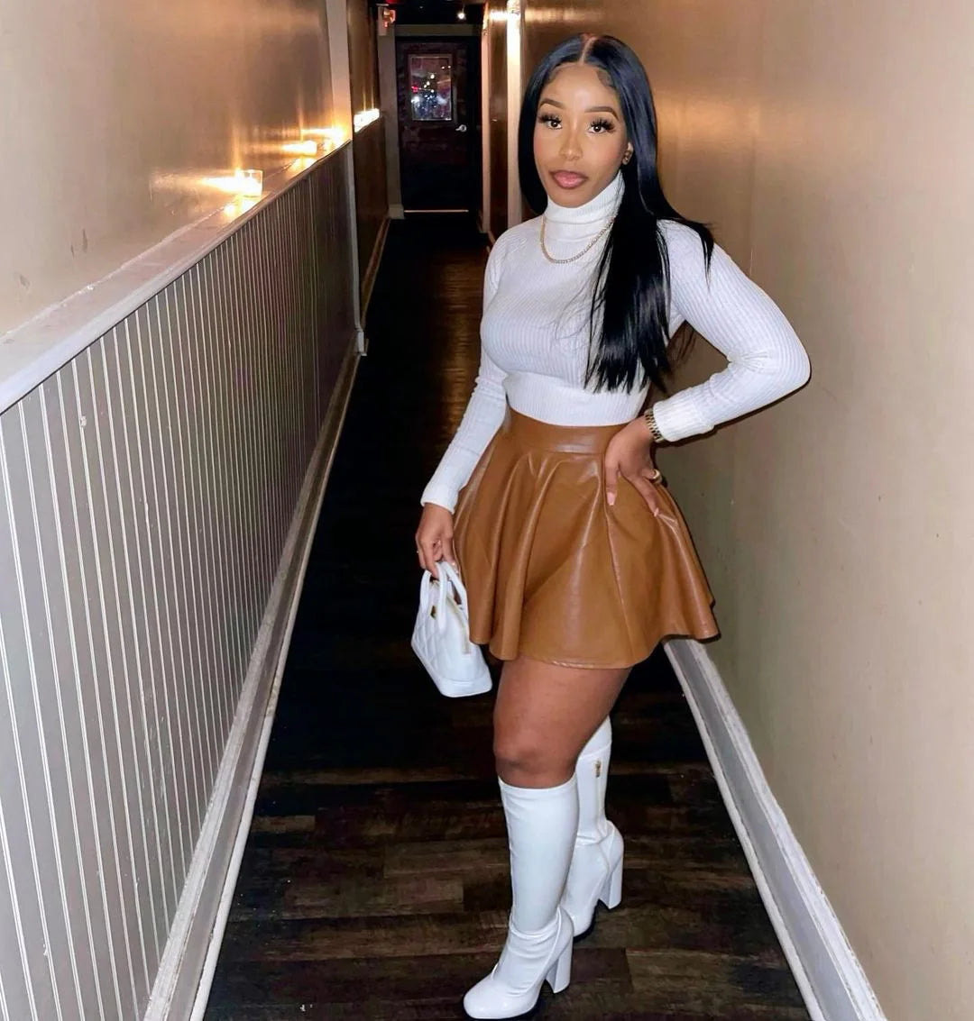 Minifalda Cuero Acampanada - Cintura Media Vuelo Casual