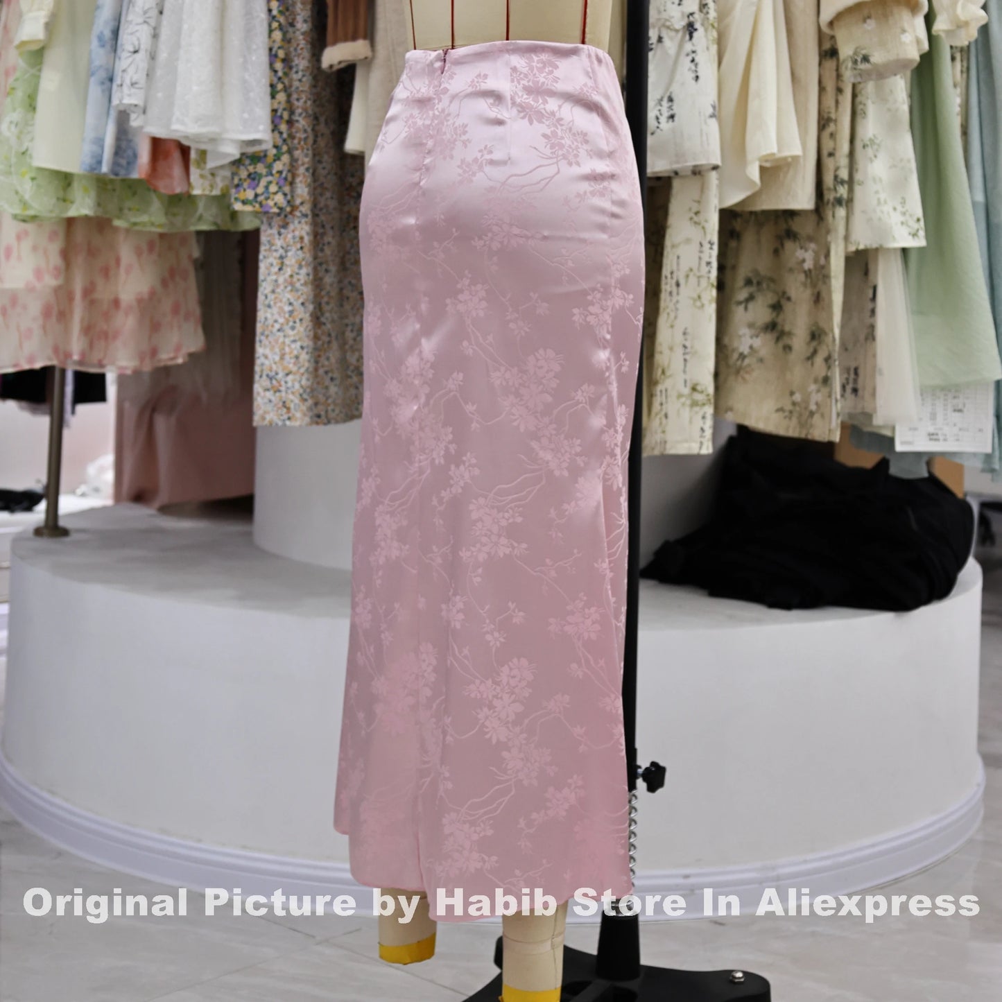 Pink Satin Pencil Midi Skirt - Floral Print