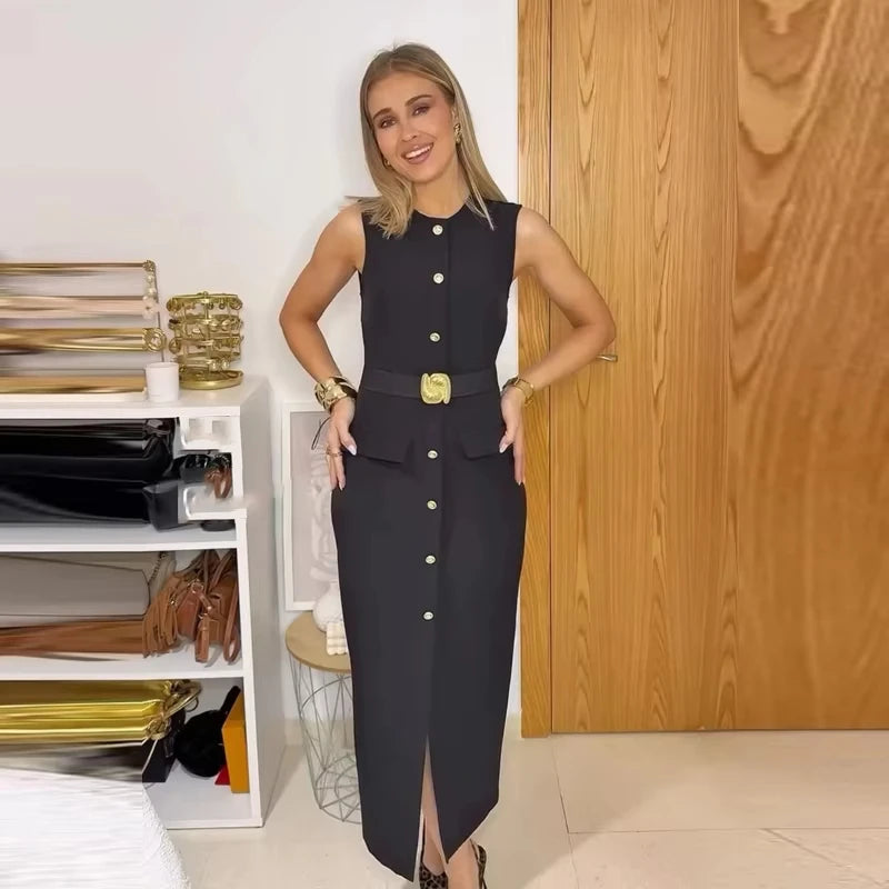 Office Midi Dress - Belt Button Sleeveless Black