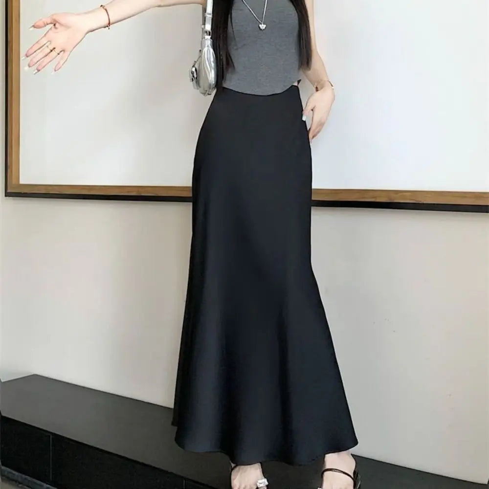 Satin Long Skirt - High Waist Draped Black