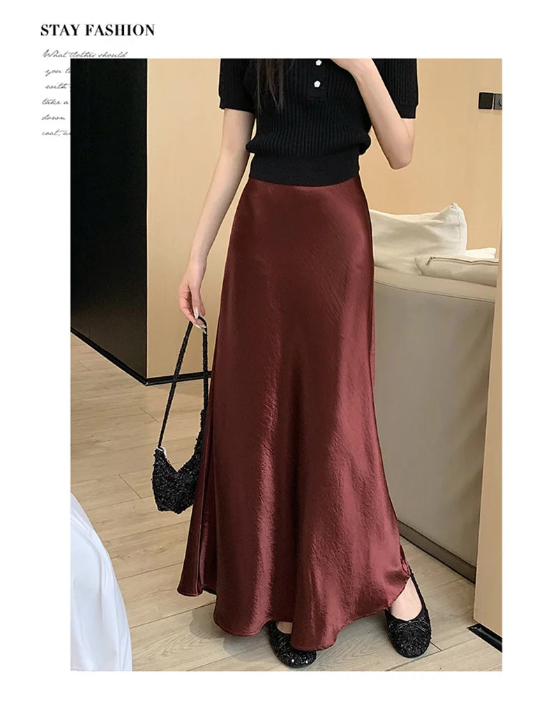 Pink Satin Midi Skirt - High Waist Fishtail Wrap