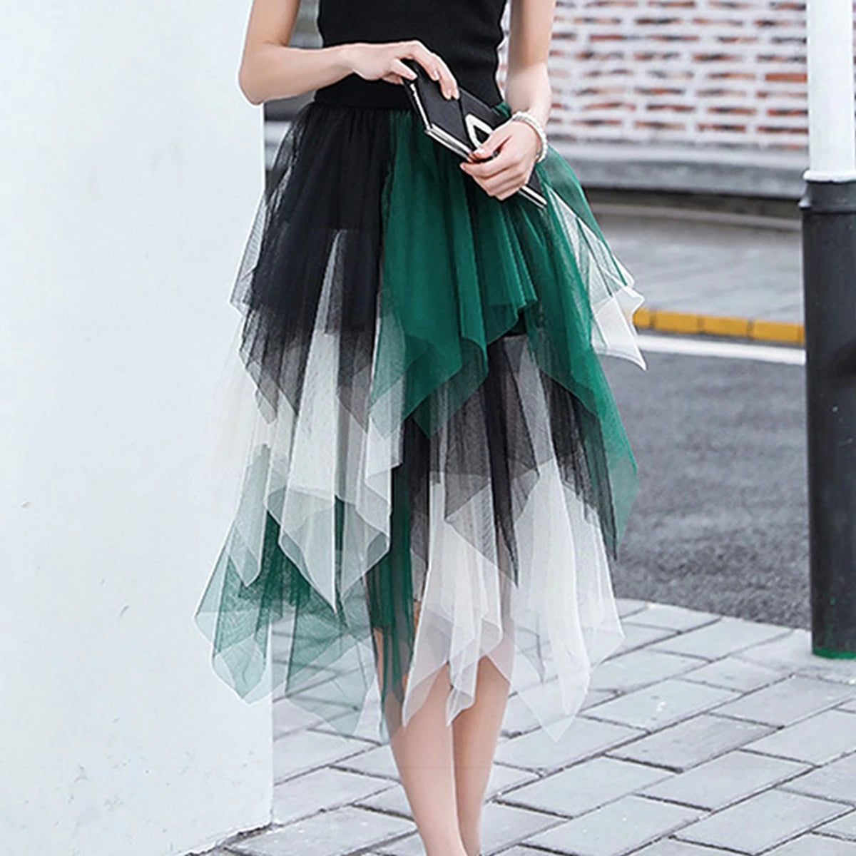 Tulle Midi Skirt - Elastic Waist Contrast Color