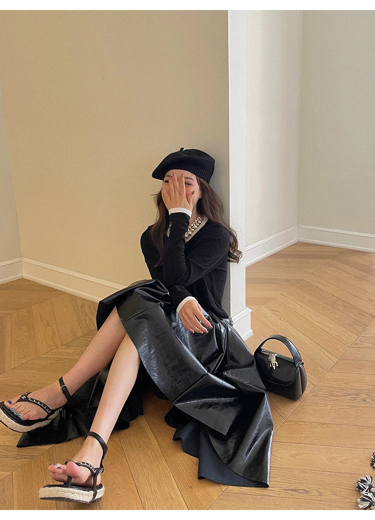 PU Leather Maxi Skirt - High Waist Pleated Black