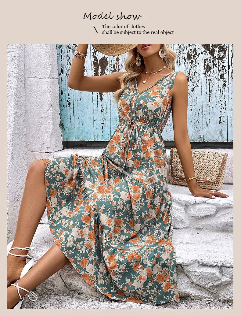 Vestido Largo Casual Floral Escote V Sin Mangas Mujer