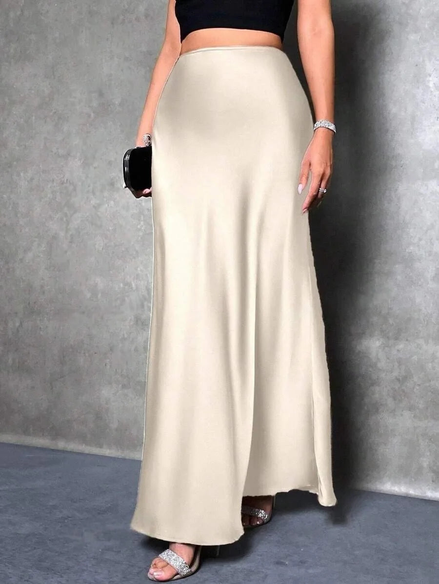 Satin Maxi Skirt - High Waist A-Line Champagne