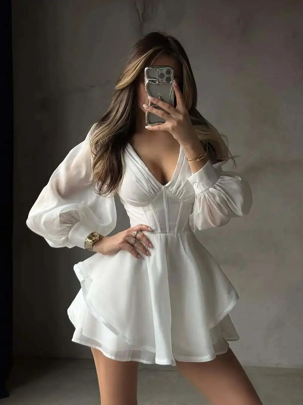 Vestido Mini Blanco - Manga Farol Cuello V Sexy