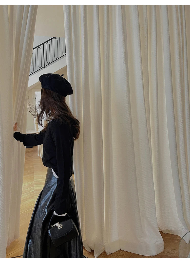 PU Leather Maxi Skirt - High Waist Pleated Black