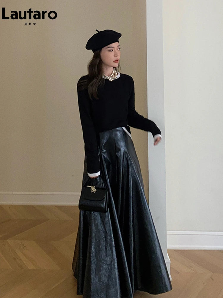 PU Leather Maxi Skirt - High Waist Pleated Black